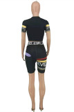Black Casual Sportswear Print Basic O Neck Short Sleeve Two Pieces