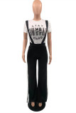 Black Fashion Casual Letter Print Slit O Neck Short Sleeve Two Pieces