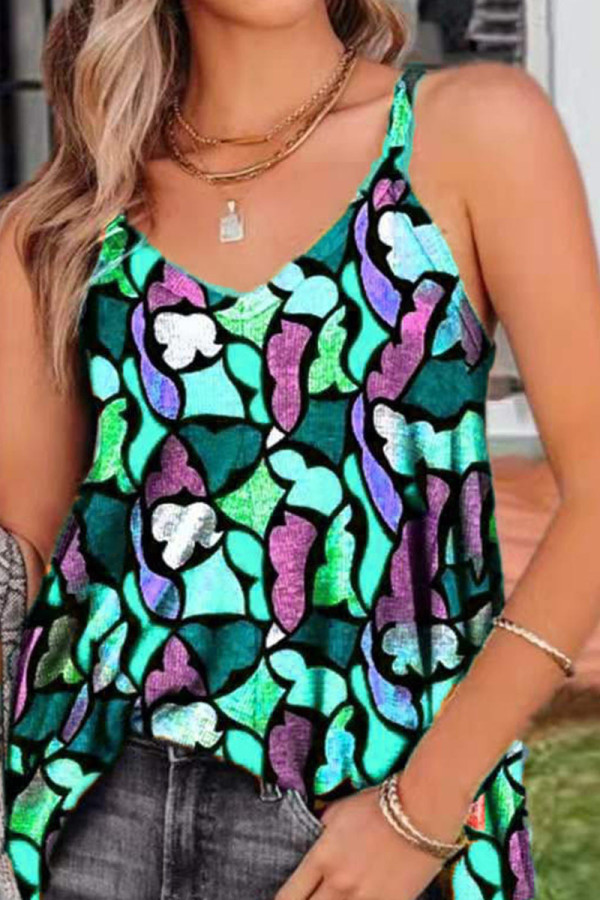 Green Casual Print Patchwork V Neck Tops
