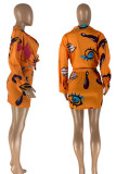 Tangerine Casual Print Patchwork Buttons Turndown Collar Long Sleeve Two Pieces