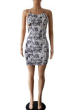 Black White Sexy Print Hollowed Out Frenulum Backless Spaghetti Strap Wrapped Skirt Dresses