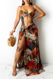 Red Sexy Print Hollowed Out Patchwork Swimwears