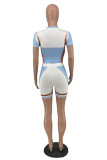 Baby Blue Casual Sportswear Letter Print Patchwork O Neck Short Sleeve Two Pieces