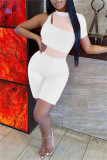 Light Blue Fashion Sexy Solid Hollowed Out See-through O Neck Short Sleeve Two Pieces