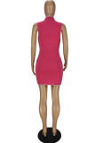 Rose Red Sexy Casual Solid Split Joint O Neck Sleeveless Dress