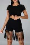 Red Fashion Casual Solid Tassel O Neck Short Sleeve Two Pieces