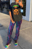 Turquoise Fashion Casual Print Basic Regular Mid Waist Trousers