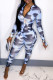 Baby Blue Fashion Casual Print Tie-dye Zipper Collar Skinny Jumpsuits