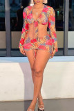 Multicolor Fashion Sexy Print Bandage Swimwears Four-piece Set