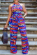 Blue Sexy Print Patchwork Halter Straight Jumpsuits