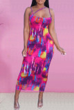 Multi-color Fashion Sexy Print Hollowed Out Fold Spaghetti Strap Sleeveless Dress