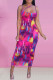 Multi-color Fashion Sexy Print Hollowed Out Fold Spaghetti Strap Sleeveless Dress