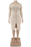 Apricot Fashion Casual Solid Buckle Turndown Collar Long Sleeve Dresses