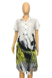 White Casual Print Patchwork Turndown Collar Shirt Dress Dresses