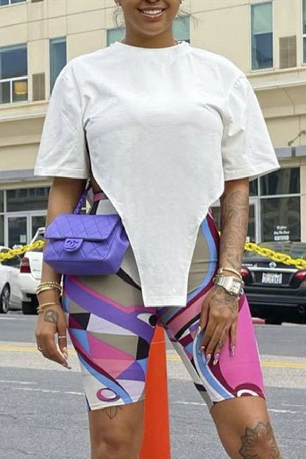 White Fashion Casual Print Asymmetrical O Neck Short Sleeve Two Pieces