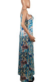 Blue Sexy Print Patchwork Spaghetti Strap Sling Dress Dresses