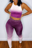 Blue Casual Sportswear Gradual Change Print Vests Pants O Neck Sleeveless Two Pieces