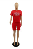 Red Fashion Casual Print Basic O Neck Short Sleeve Two Pieces
