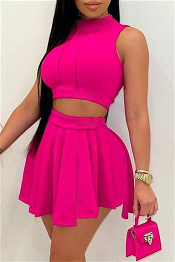 Rose Red Sexy Casual Solid Basic Half A Turtleneck Sleeveless Two Pieces