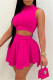 Rose Red Sexy Casual Solid Basic Half A Turtleneck Sleeveless Two Pieces