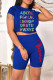 Deep Blue Fashion Casual Letter Print Basic O Neck Short Sleeve Two Pieces