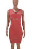 Red Sexy Solid Ripped Hollowed Out Patchwork O Neck Pencil Skirt Dresses