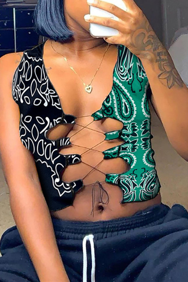 Green Sexy Casual Patchwork Print Bandage Hollowed Out Tops