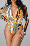 Red Casual Print Split Joint V Neck Long Sleeve Two Pieces