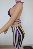 Purple Sexy Print Patchwork Spaghetti Strap Sleeveless Two Pieces