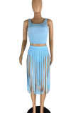 Blue Sexy Solid Tassel Patchwork U Neck Sleeveless Two Pieces