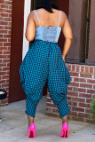 Dark Blue Fashion Casual Plaid Print Regular High Waist Trousers