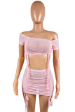 Pink Fashion Sexy Solid See-through Backless Off the Shoulder Sleeveless Two Pieces
