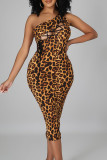 Leopard Print Sexy Print Bandage Hollowed Out Patchwork Oblique Collar Pencil Skirt Dresses