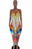 Yellow Fashion Sexy Print Backless Spaghetti Strap Sleeveless Dress