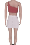 Red Bean Paste Casual Solid Split Joint Oblique Collar Sleeveless Two Pieces