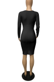 Color Blue Sexy Solid Patchwork V Neck Pencil Skirt Dresses
