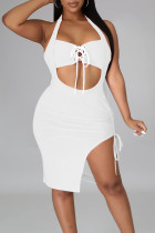 White Sexy Solid Hollowed Out Split Joint Frenulum Asymmetrical Halter Pencil Skirt Dresses