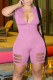 Pink Casual Solid Hollowed Out Patchwork Zipper O Neck Skinny Rompers