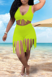 Green Sexy Solid Tassel V Neck Sleeveless Two Pieces