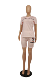 Pink Casual Print Patchwork O Neck Short Sleeve Two Pieces