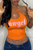 Tangerine Sexy Print Patchwork Frenulum Halter Tops