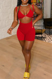 Red Fashion Sexy Solid Hollowed Out Spaghetti Strap Sleeveless Two Pieces