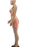 Blue Sexy Print Hollowed Out Patchwork Asymmetrical Halter Sleeveless Two Pieces