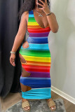 Rainbow Color Fashion Sexy Print Hollowed Out U Neck Vest Dress