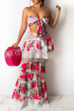 Red Sexy Print Patchwork See-through Backless Strapless Sleeveless Two Pieces