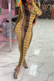 Yellow Street Print Patchwork V Neck Skinny Jumpsuits