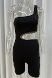 Red Sexy Solid Hollowed Out Patchwork Oblique Collar Skinny Rompers