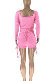 Pink Casual Solid Patchwork Draw String Fold U Neck Skinny Rompers