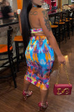 Multicolor Fashion Sexy Print Backless Halter Sleeveless Two Pieces
