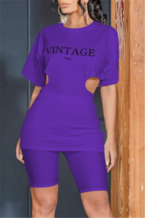 Purple Fashion Letter Hollowed Out O Neck Short Sleeve Two Pieces